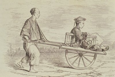 Wheelbarrow Taxi in the 1850s, China, engraved by Alfred Louis Sargent from 